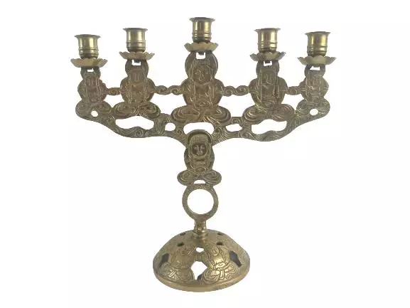Vintage Brass Toned Candelabra Holds 5 Candles Peace Buddha 12 X 12 Ornate Style
