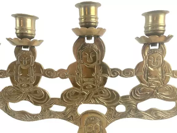 Vintage Brass Toned Candelabra Holds 5 Candles Peace Buddha 12 X 12 Ornate Style