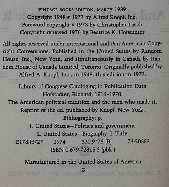 The American Political Tradition by Richard Hofstadter 1989 Vintage Paperback