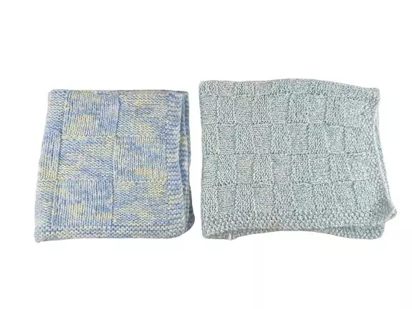 Lot of 2 Hand Knitted Baby Blankets Blue Yellow White Knit Crochet 29"/38"