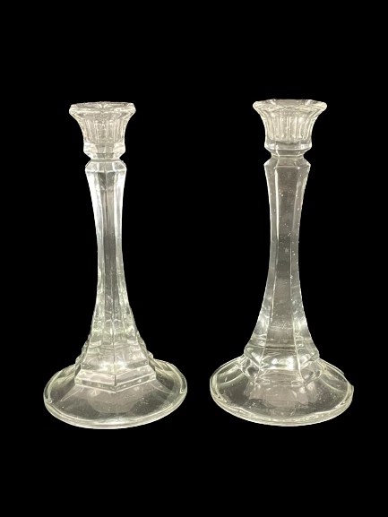 Lot of 2 Vintage Hexagon Glass Tapered Candle Holders 7.5" Tall