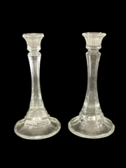 Lot of 2 Vintage Hexagon Glass Tapered Candle Holders 7.5" Tall