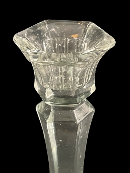 Lot of 2 Vintage Hexagon Glass Tapered Candle Holders 7.5" Tall