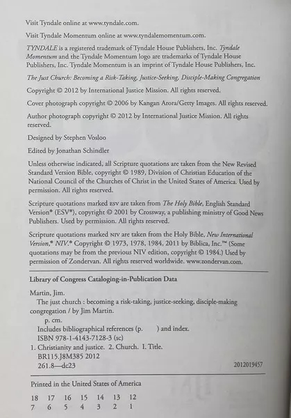The Just Church by Jim Martin Paperback 2012 Tyndale House - Good Condition