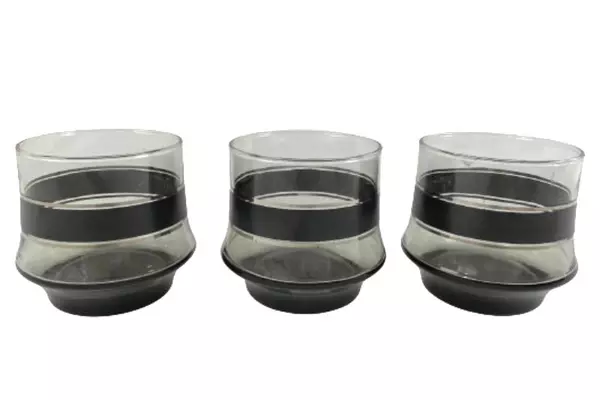 Set of 3 Libbey Camelot Pattern Rocks Glasses Black And Silver Bands Kitchen Bar