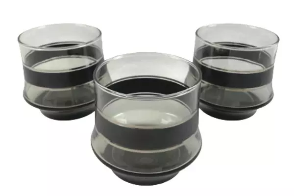 Set of 3 Libbey Camelot Pattern Rocks Glasses Black And Silver Bands Kitchen Bar