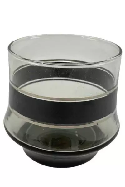 Set of 3 Libbey Camelot Pattern Rocks Glasses Black And Silver Bands Kitchen Bar