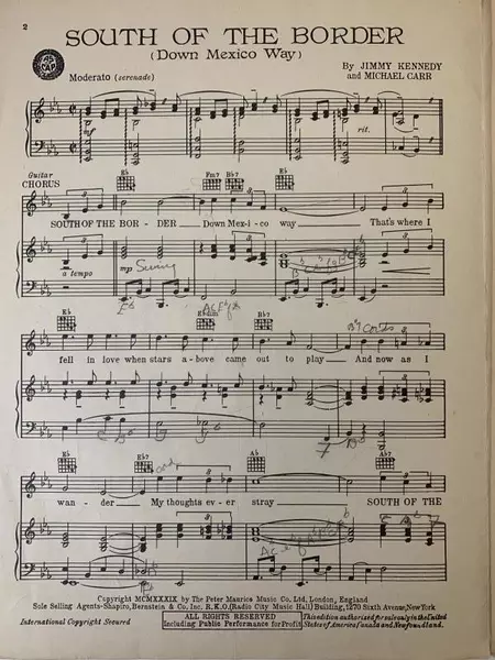 Vintage 1939 Sheet Music "South of the Border" by Barry Wood