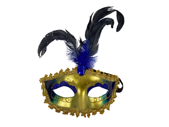 Blue Gold Glitter Masquerade Mask with Feathers & Rhinestones - Party Accessory