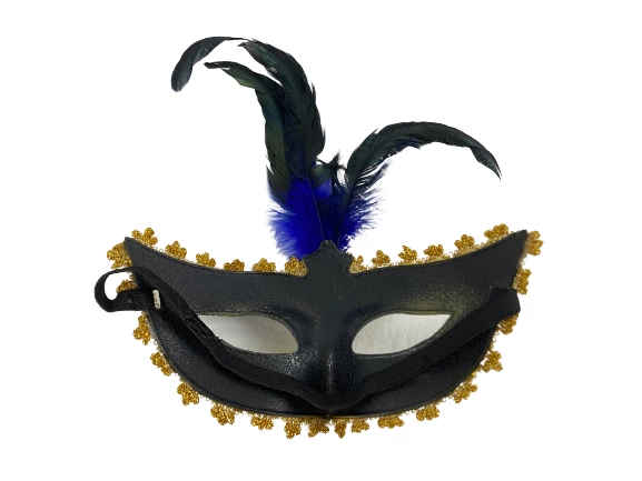 Blue Gold Glitter Masquerade Mask with Feathers & Rhinestones - Party Accessory