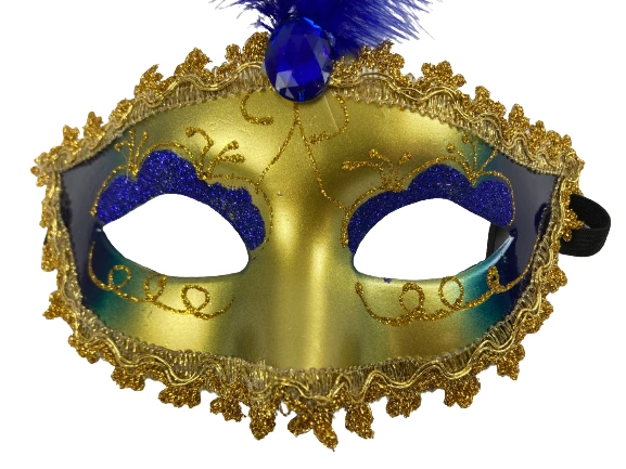 Blue Gold Glitter Masquerade Mask with Feathers & Rhinestones - Party Accessory