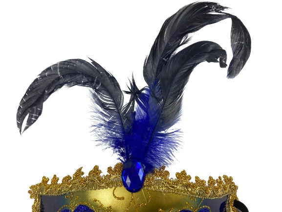 Blue Gold Glitter Masquerade Mask with Feathers & Rhinestones - Party Accessory