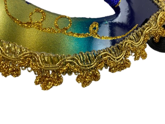 Blue Gold Glitter Masquerade Mask with Feathers & Rhinestones - Party Accessory