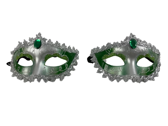 Lot of 2 Green Silver Glitter Masquerade Masks with Rhinestones for Parties