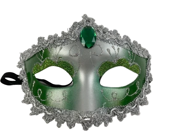 Lot of 2 Green Silver Glitter Masquerade Masks with Rhinestones for Parties