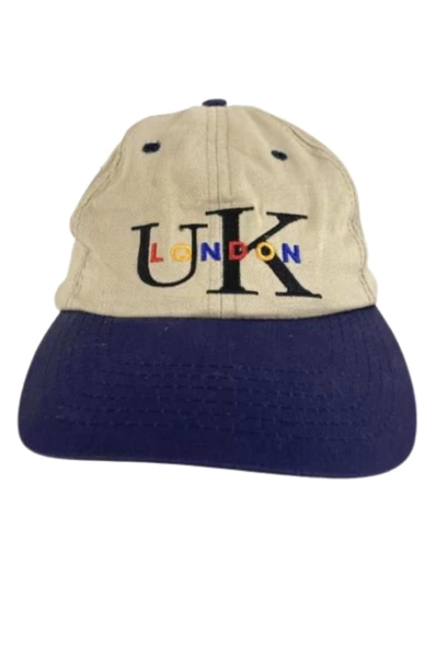 Vintage UK London Trucker Hat Beige Navy Blue Cap Embroidered Souvenir