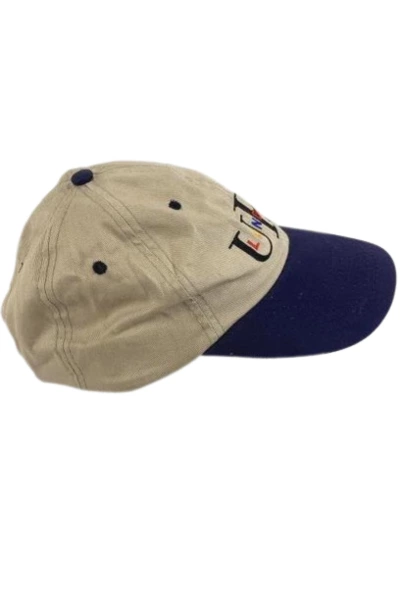 Vintage UK London Trucker Hat Beige Navy Blue Cap Embroidered Souvenir