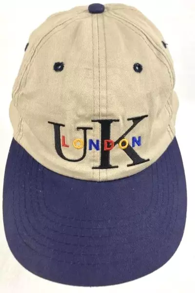 Vintage UK London Trucker Hat Beige Navy Blue Cap Embroidered Souvenir