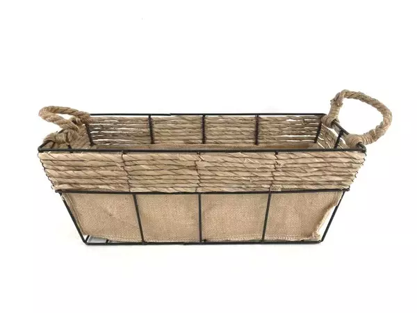 Rustic Farmhouse Burlap Lining With Rectangular Basket Metal Wired Cottage