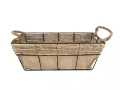 Rustic Farmhouse Burlap Lining With Rectangular Basket Metal Wired Cottage