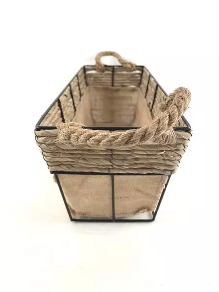 Rustic Farmhouse Burlap Lining With Rectangular Basket Metal Wired Cottage