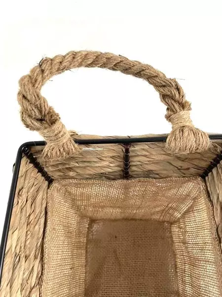 Rustic Farmhouse Burlap Lining With Rectangular Basket Metal Wired Cottage