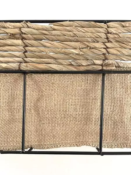 Rustic Farmhouse Burlap Lining With Rectangular Basket Metal Wired Cottage