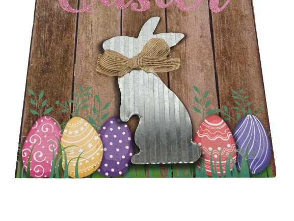 Wooden Happy Easter Sign with Bunny & Eggs Decor - 13.25" x 9.5"