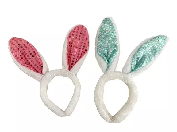 Lot of 2 Faux Fur Easter Bunny Ear Headbands White Pink Floral Sequins