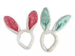 Lot of 2 Faux Fur Easter Bunny Ear Headbands White Pink Floral Sequins
