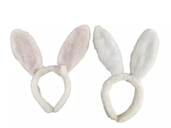 Lot of 2 Faux Fur Easter Bunny Ear Headbands White Pink Floral Sequins