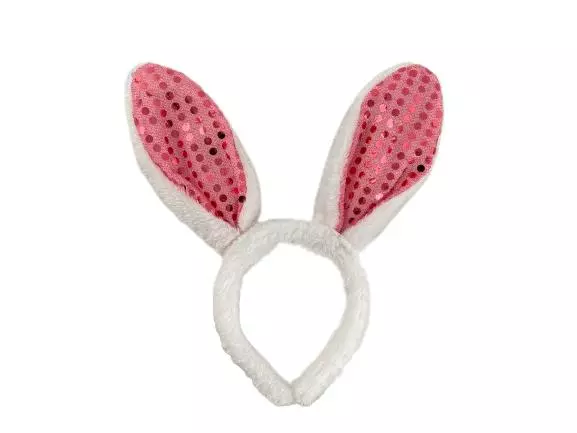 Lot of 2 Faux Fur Easter Bunny Ear Headbands White Pink Floral Sequins