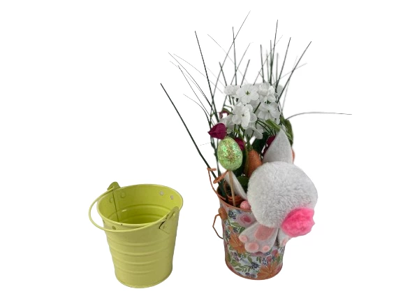 Lot of 2 Easter Tin Pails - Yellow & Floral Bunny Decorated Basket