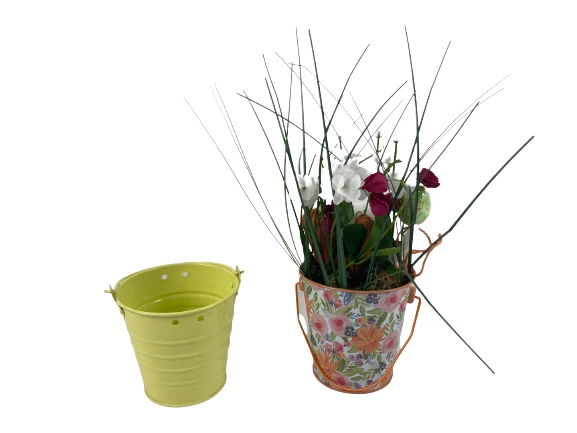 Lot of 2 Easter Tin Pails - Yellow & Floral Bunny Decorated Basket