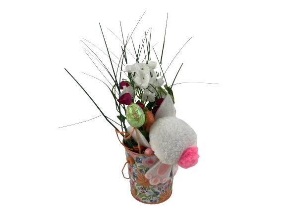 Lot of 2 Easter Tin Pails - Yellow & Floral Bunny Decorated Basket