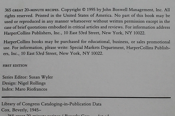 365 Great 20-Minute Recipes by Beverly Cox Vintage Cookbook 1995 HC