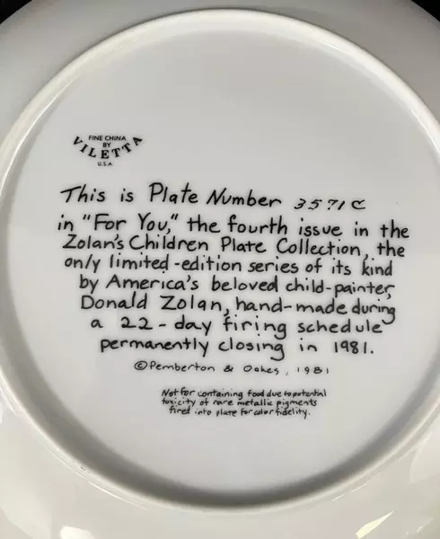 Viletta China Zolan's Children "For You" Collector Plate with COA 8.5"