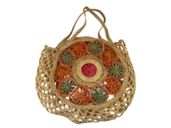Woven Straw Tote Bag Purse Pink Green Orange Beige Floral Double Handle Open