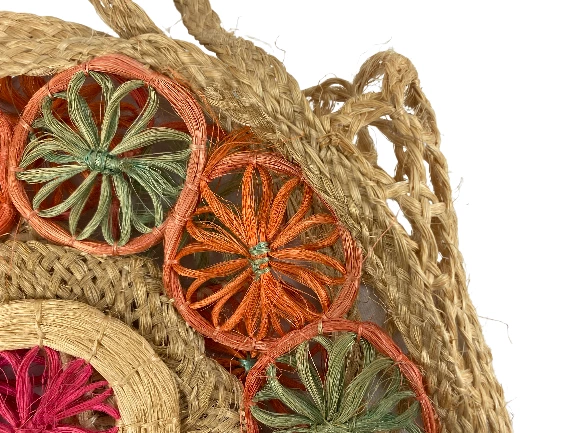 Woven Straw Tote Bag Purse Pink Green Orange Beige Floral Double Handle Open