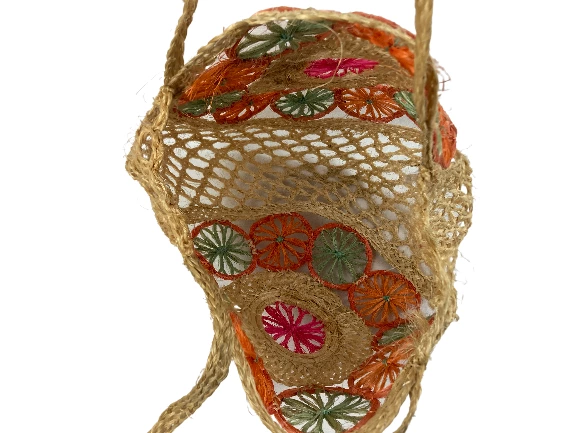 Woven Straw Tote Bag Purse Pink Green Orange Beige Floral Double Handle Open