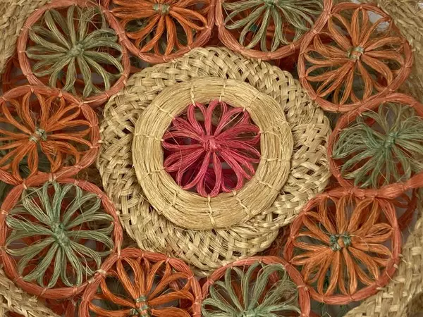 Woven Straw Tote Bag Purse Pink Green Orange Beige Floral Double Handle Open