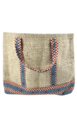 Vintage Woven Carpet Handbag Purse Beige Blue Red Hearts Double Handle 12"