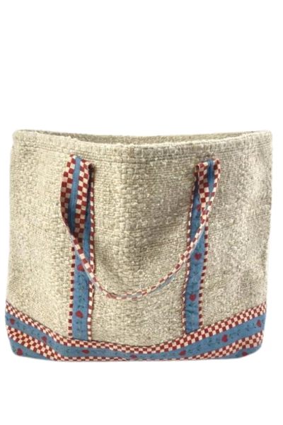 Vintage Woven Carpet Handbag Purse Beige Blue Red Hearts Double Handle 12"