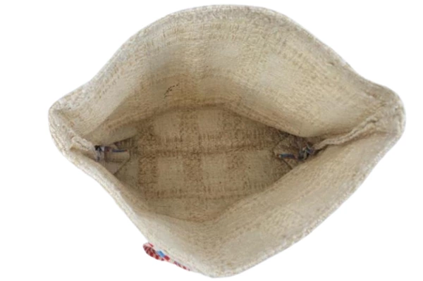 Vintage Woven Carpet Handbag Purse Beige Blue Red Hearts Double Handle 12"