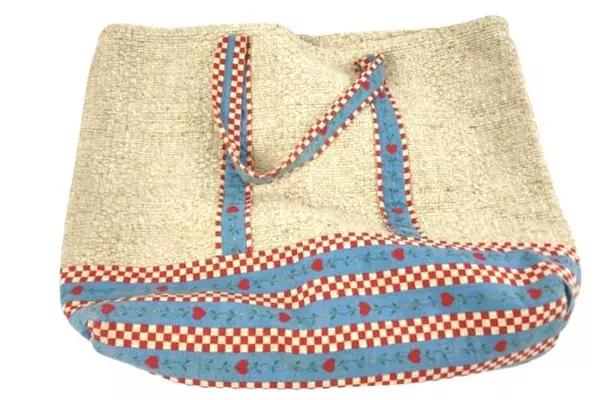 Vintage Woven Carpet Handbag Purse Beige Blue Red Hearts Double Handle 12"