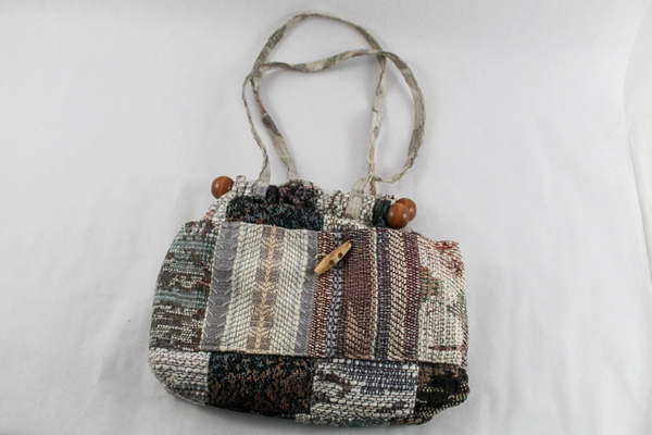 Multicolored Patchwork Handbag Woven Purse with Wooden Toggle - Pre-Owned