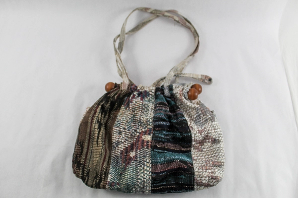 Multicolored Patchwork Handbag Woven Purse with Wooden Toggle - Pre-Owned