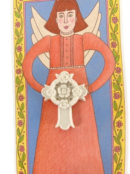 Margaret Furlong Floral Cross Pin Bisque Porcelain Carriage House Studio