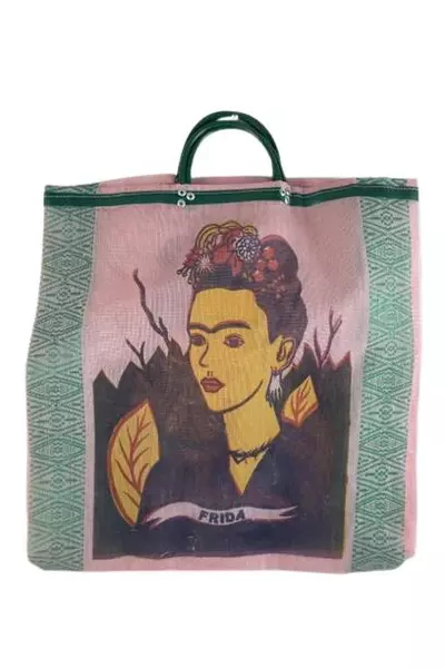 Large Frida Kahlo Double Handle Tote Bag Geometric Beach Bag Used