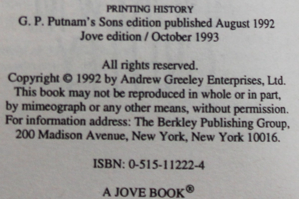 Wages of Sin by Andrew M. Greeley Paperback Mystery Novel 1992 Jove